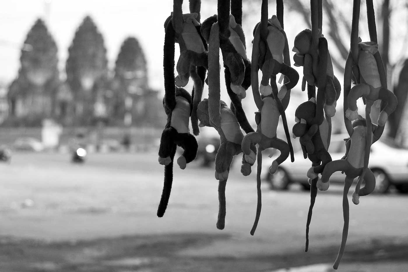 Monkey toys and a temple on the background