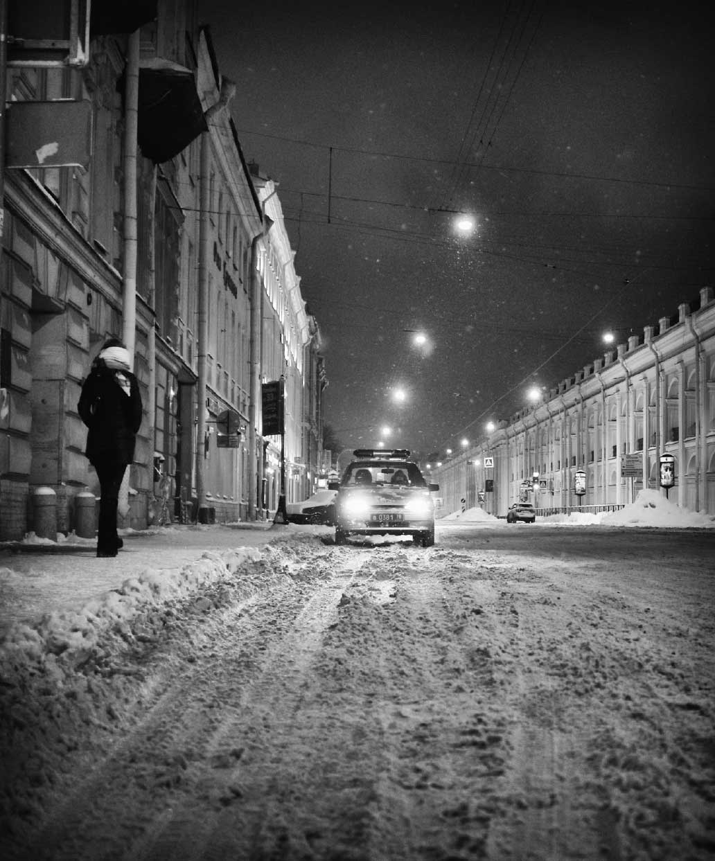 A police car in Russian winter blizzard